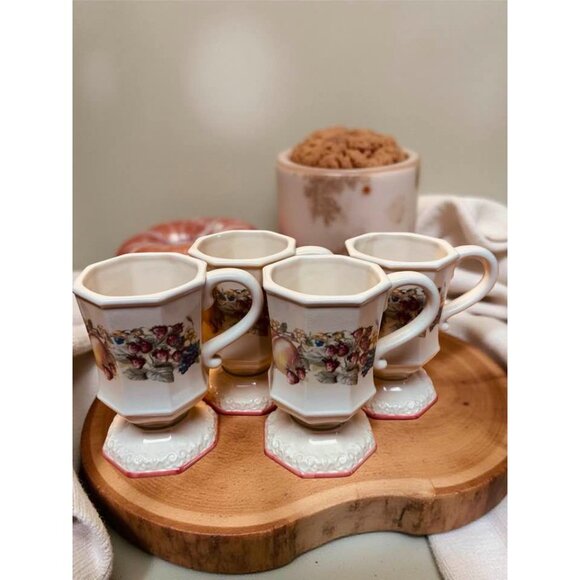 Set of 4 Fruit Harvest Pedestal Mugs – Cottagecore Hexagon Footed Cups, Sweet Co - Picture 3 of 8